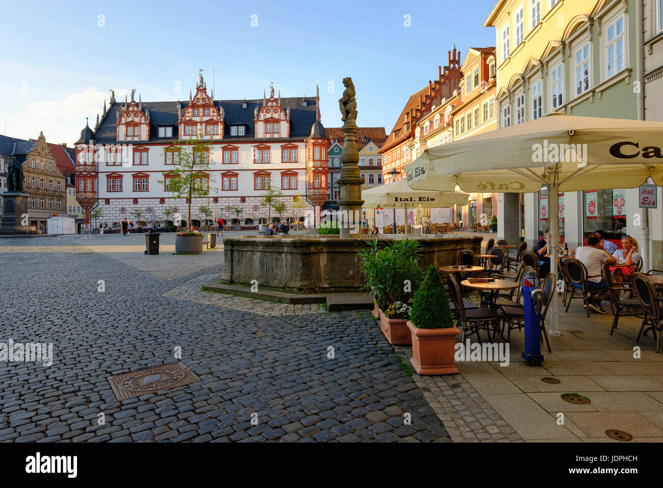 Spengler's fountain and Coburg Town Hall, Market Square, Coburg, Upper Franconia, Franconia, Bavaria, Germany Stock Photo