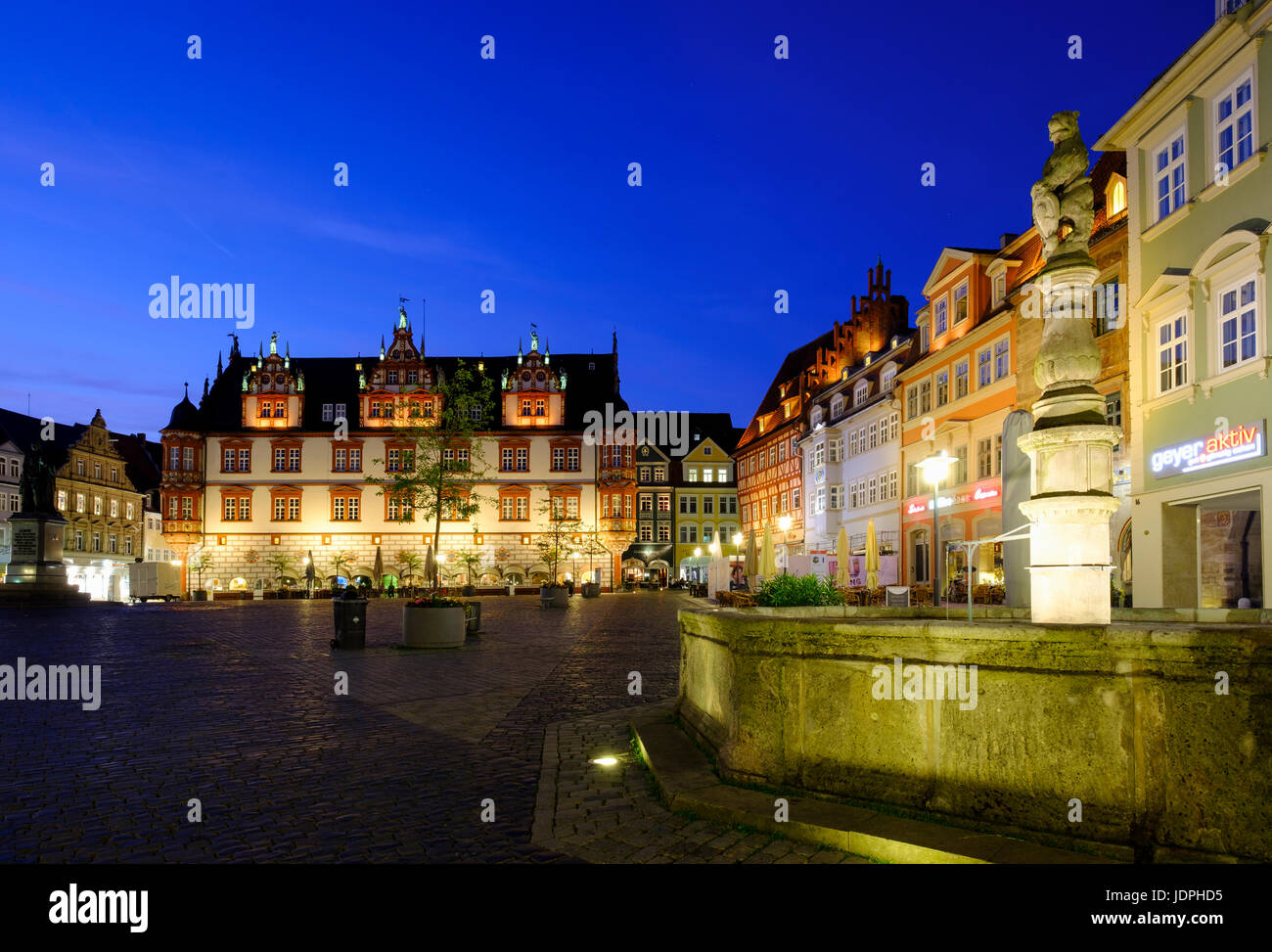 Spengler's fountain and Coburg Town Hall, Marktplatz, Coburg, Upper Franconia, Franconia, Bavaria, Germany Stock Photo