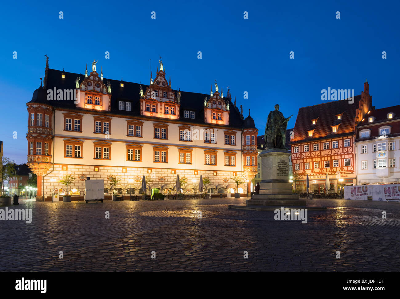 Stadthaus and Prince Albert Memorial, Marktplatz, Coburg, Upper Franconia, Franconia, Bavaria, Germany Stock Photo