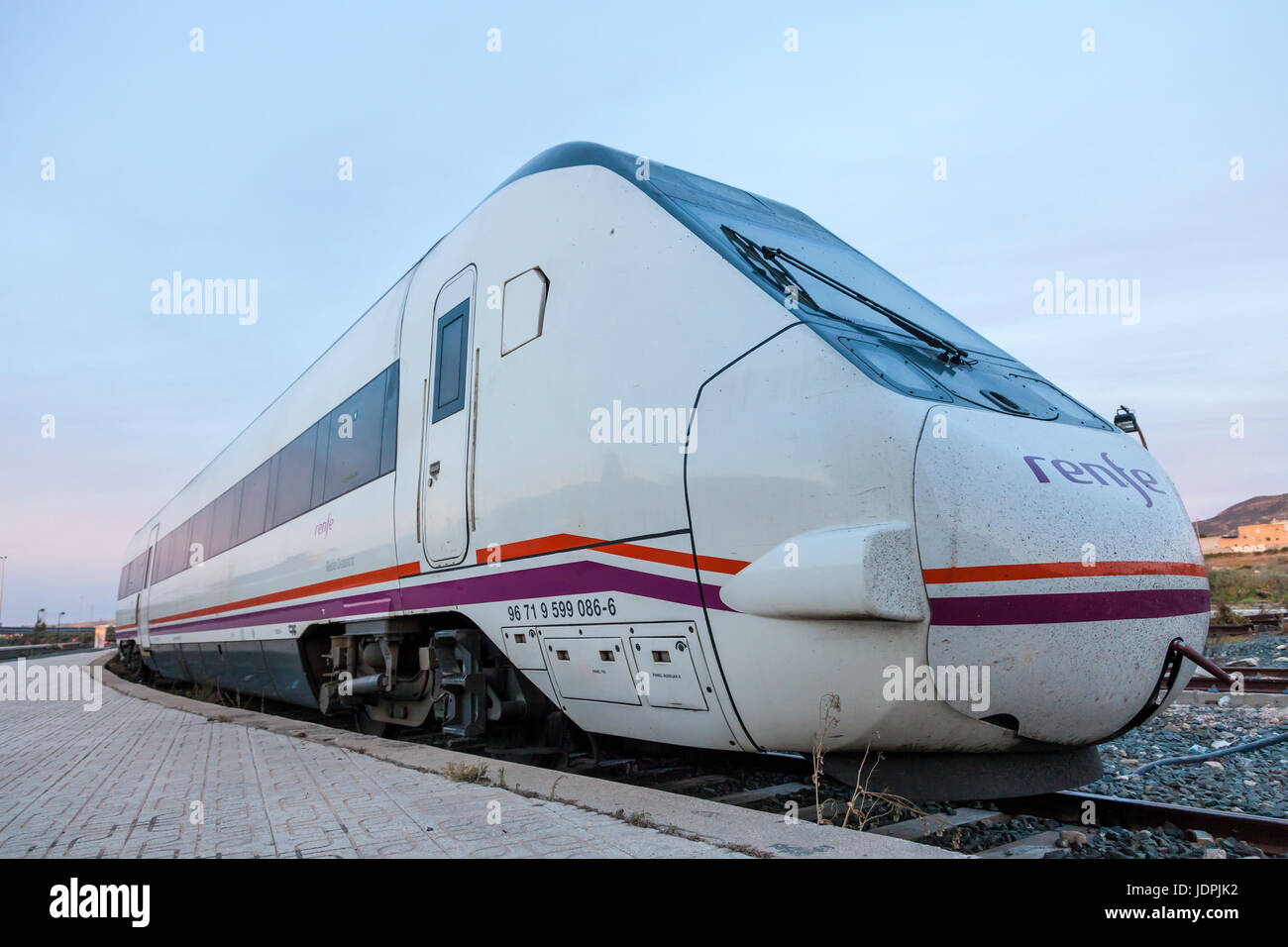 Cartagena, Spain - May 17, 2017: Modern passenger train at the central station in Cartagena, region of Murcia, Spain Stock Photo