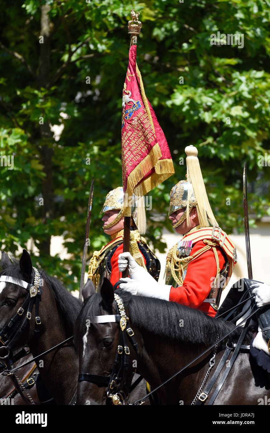 Sovereign Standard carried by the Life Guards Household Cavalry at Trooping the Colour 2017 in The Mall, London, UK Stock Photo