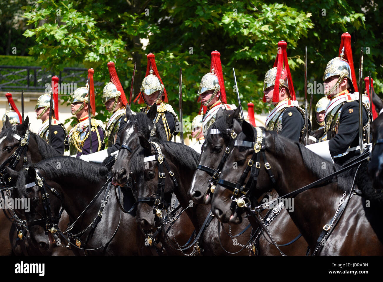Blues and Royals cavalry regiment mounted sovereign's escort soldiers at the Trooping the Colour 2017 in The Mall, London, UK Stock Photo