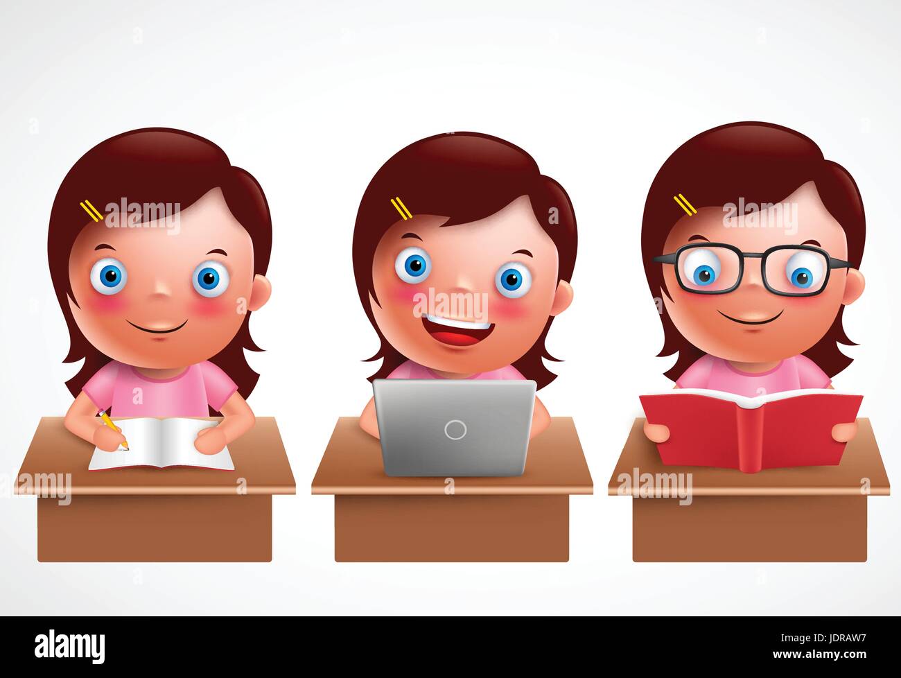 Girl kid vector characters set. Female preschool student studying, reading and browsing in laptop in the desk table with happy smile isolated in white Stock Vector