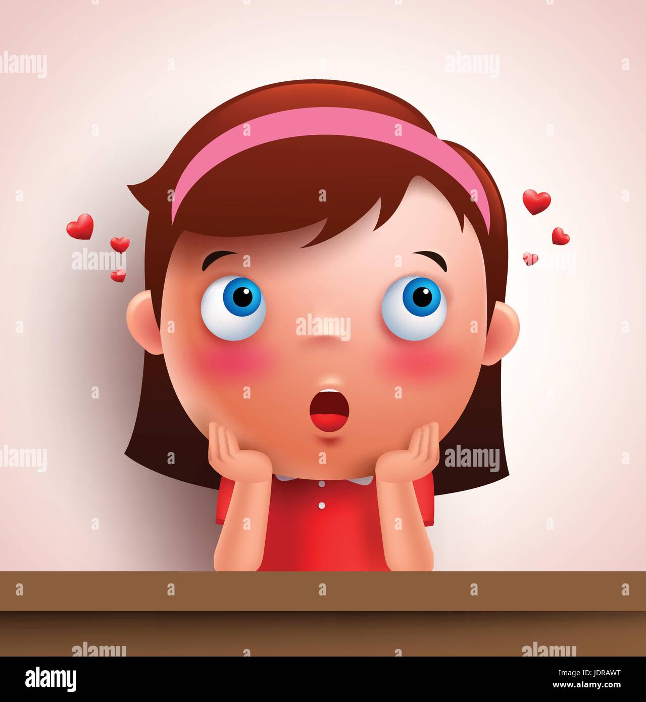 Adorable pretty girl kid vector character in love and dreaming with lovely blushing face and hearts. Vector illustration. Stock Vector