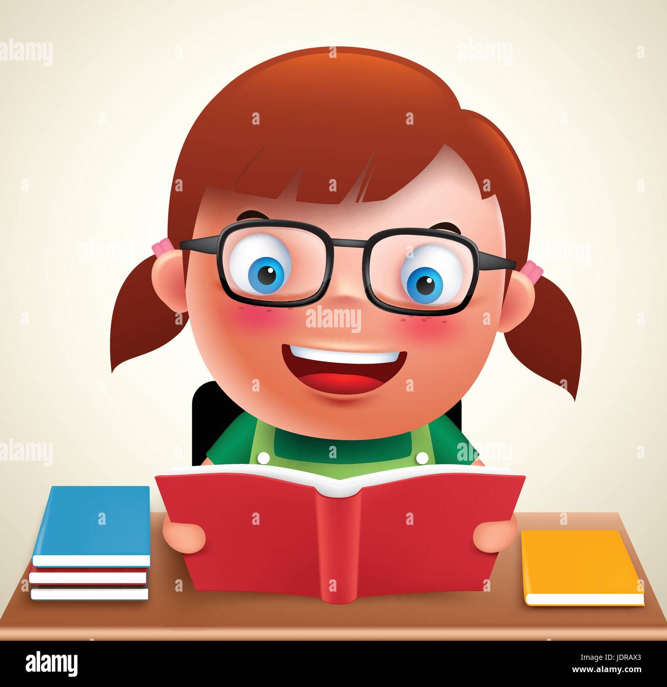 Adorable preschool girl kid vector character holding and reading book and doing school homework in desk wearing eyeglasses. Vector illustration. Stock Vector