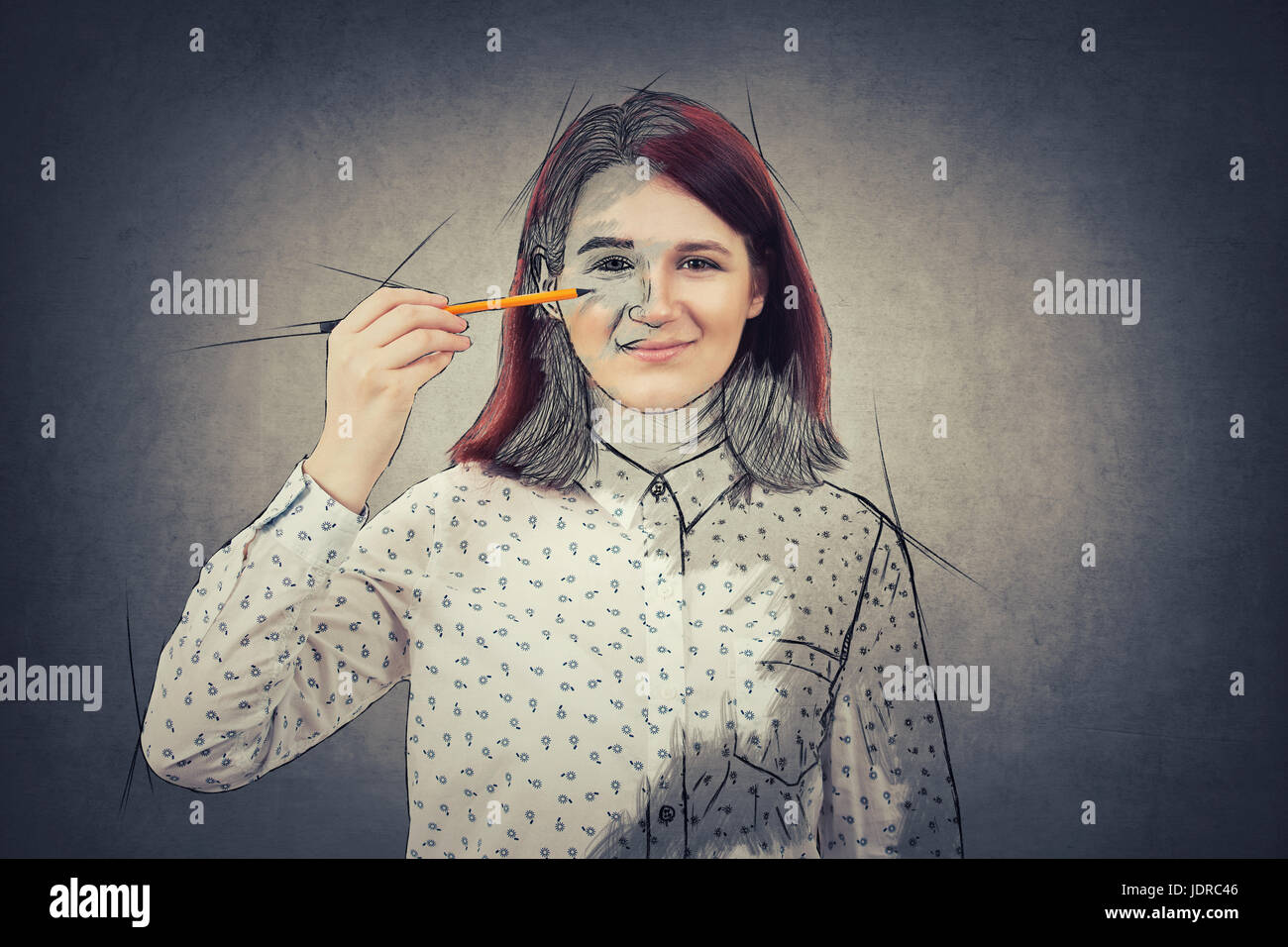 Young smiling student girl businesswoman, holding a pencil pointed to ...