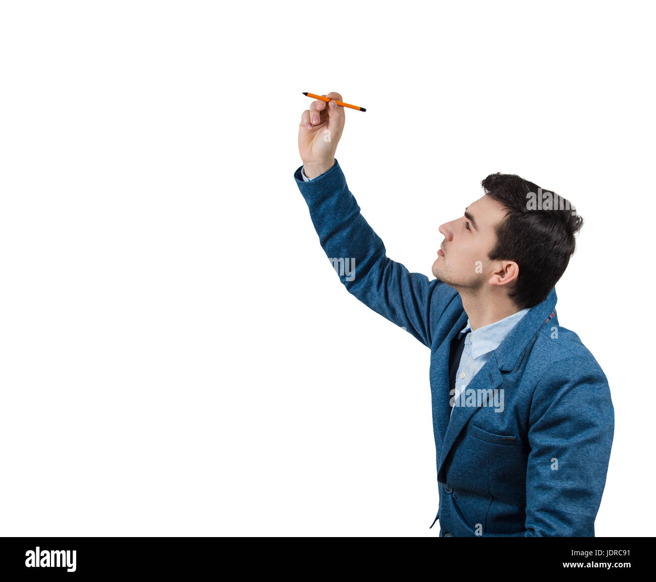 Businessman holding a pencil in his hand try to draw an imaginative