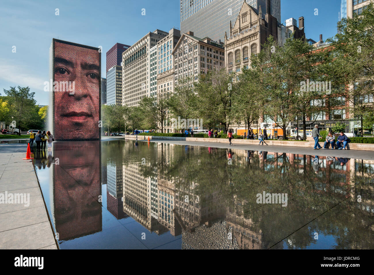 Crown Fountain reflecting pond at Millennium Park Chicago Stock Photo