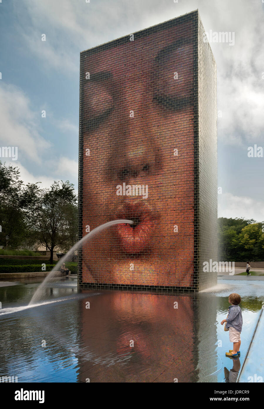 Crown Fountain reflecting pond at Millennium Park Chicago Stock Photo