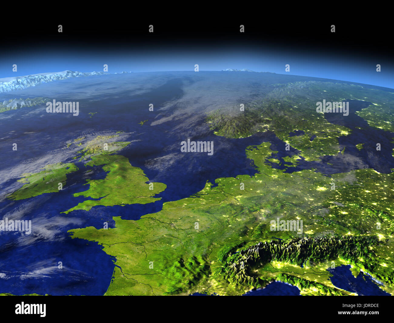 Western Europe from space in the evening sunlight with visible city