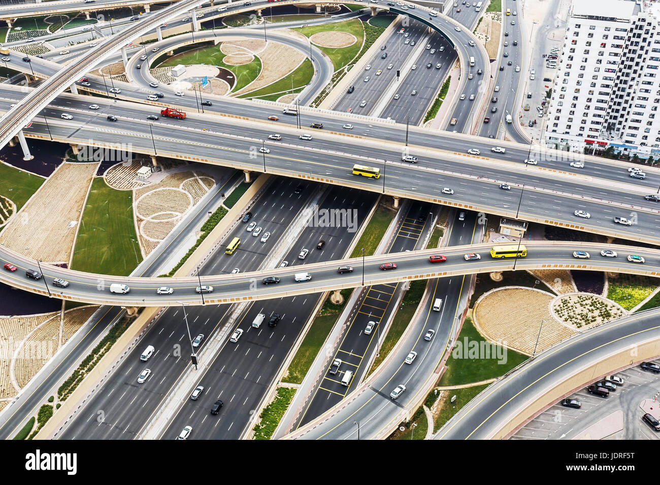 Scenic aerial view of big highway intersection in Dubai, UAE, at