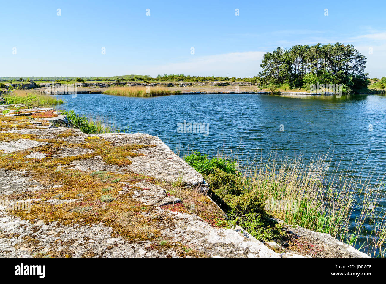 Waterfilled limestone quarry turned into a recreational hiking area after mining operations closed. Location Oland in Sweden. Stock Photo