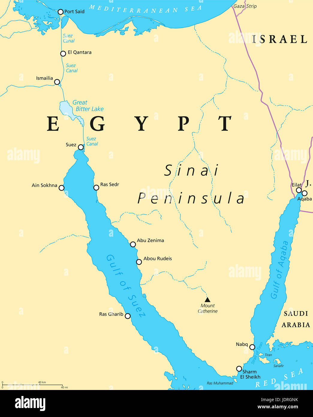 Egypt, Sinai Peninsula political map. Situated between Mediterranean Sea and Red Sea. Land bridge between Asia and Africa. Suez Canal, Gulf of Suez. Stock Photo