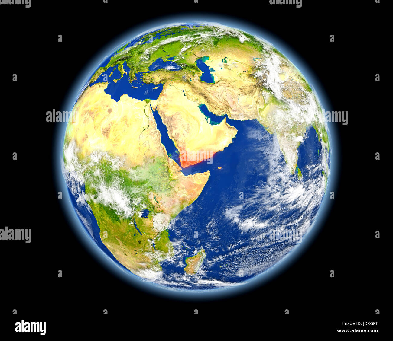 Yemen on planet Earth. 3D illustration with detailed planet surface ...