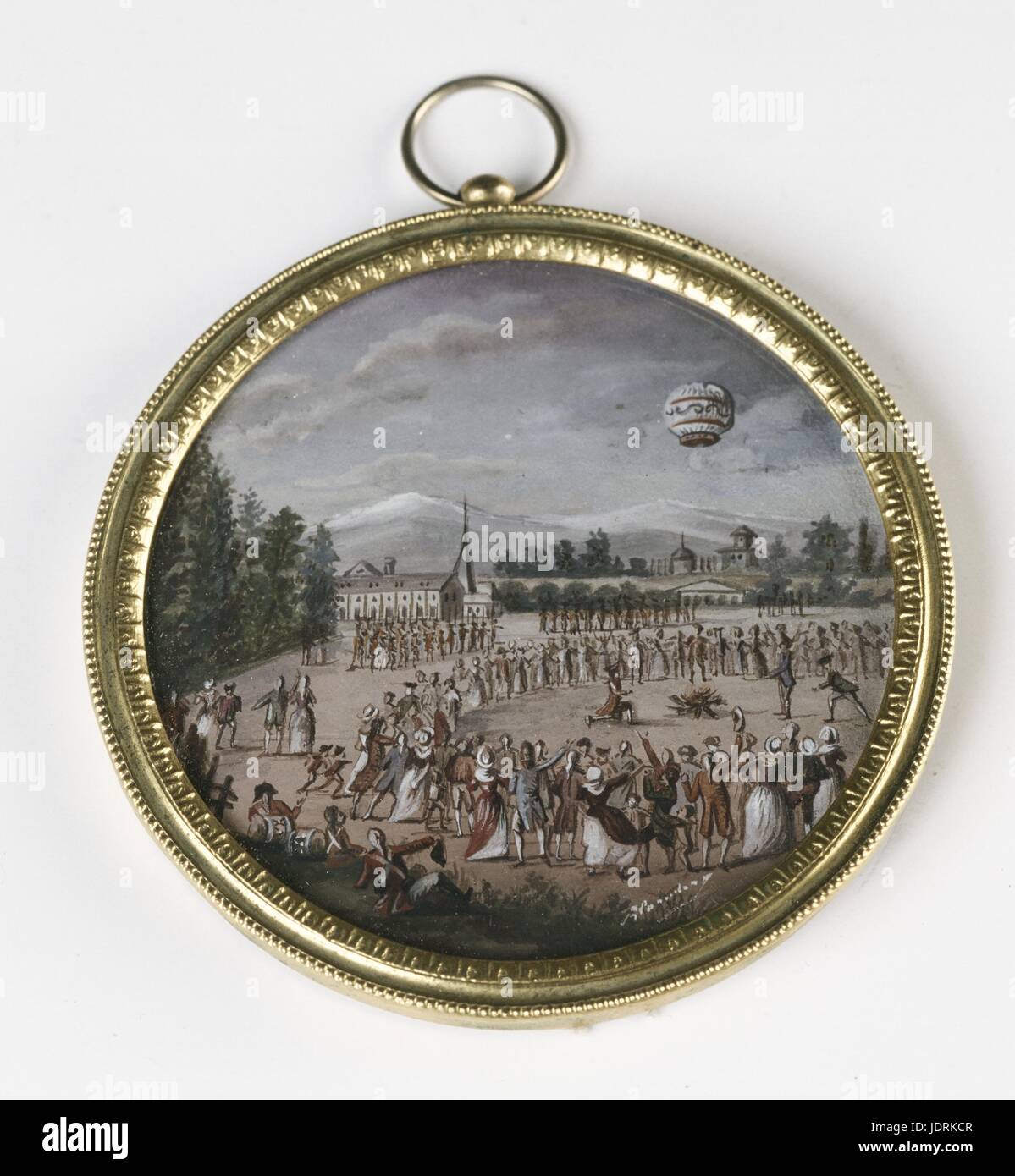 Small framed painting  Montgolfier brothers' first public aerostatic experiment in Annonay on 4th June 1783  Gouache (diameter 8.5 cm)  Muller-Quênot Collection Since December 1782, Joseph-Michel et Etienne Montgolfier carried out aeronautical experiments sometimes in the afternoons and during the night within the boundaries of the family paper mill. With the pressure from their associates and the insistent rumour about the 'curious' engine, Etienne et Joseph-Michel cancelled its initial launch date on 4th June 1783, to hold a public experiment in front of the Membres des Etats Particuliers of Stock Photo