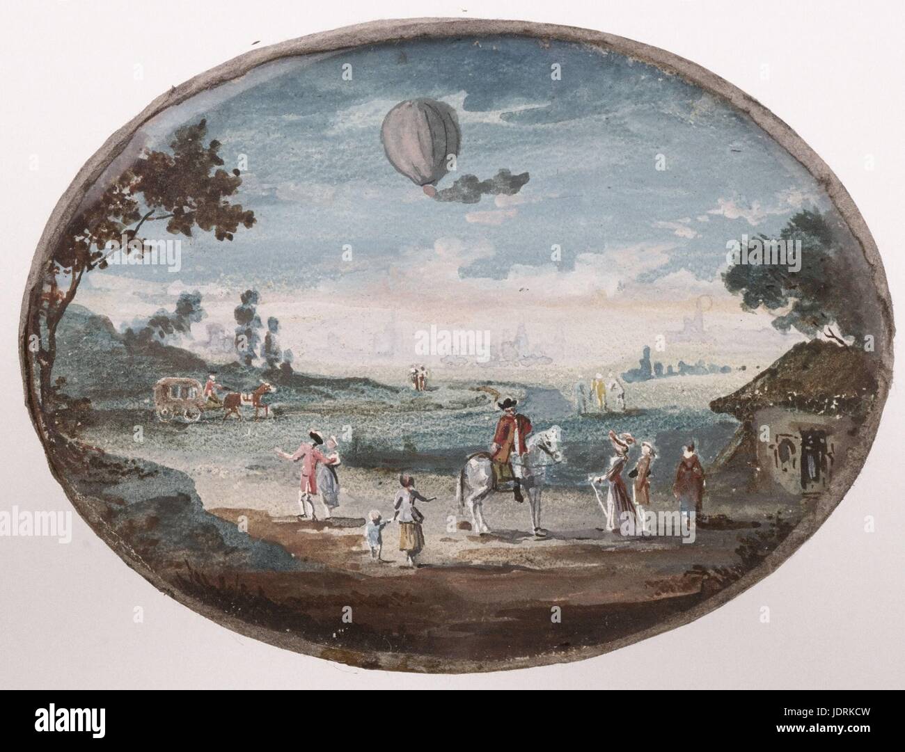 The Montgolfier brothers' first public aerostatic experiment in Annonay on 4th June 1783  Painting on vellum (7.2 x 9.2 cm)  Muller-Quênot Collection Since December 1782, Joseph-Michel et Etienne Montgolfier carried out aeronautical experiments sometimes in the afternoons and during the night within the boundaries of the family paper mill. With the pressure from their associates and the insistent rumour about the 'curious' engine, Etienne et Joseph-Michel cancelled its initial launch date on 4th June 1783, to hold a public experiment in front of the Membres des Etats Particuliers of Vivarais w Stock Photo