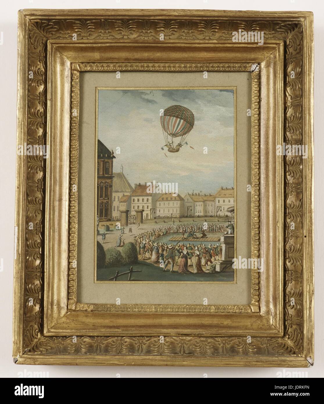 Aerostatic experiment on 1st Decembr 1783 at the Tuileries  Gouache with frame (30.5 x 25 cm)  Muller-Quênot Collection On 1st December 1783 at half-past one, a shot was fired to announce the beginning of the experiment. However nothing happened. The balloon did not take off into the sky and disappointment gradually began to spread through the crowd. Charles approached Etienne Montgolfier, who was present at the experiment. Charles wanted to make up for Etienne's previous public humiliation at the Champs de Mars, where he had been refused access on 27th August. He held a thin cord which held b Stock Photo