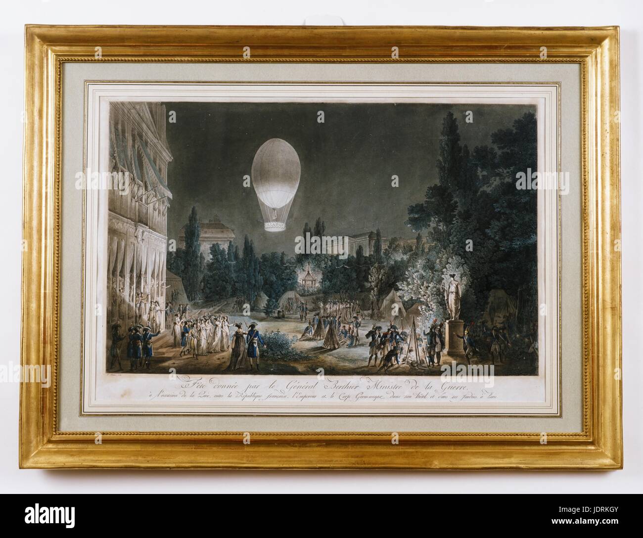 F. Piranesi  Celebration given by General Berthier in his hotel and gardens in Paris, in recognition of the Declaration of Peace between the French Republic, the Emperor and the German forces    1801  Coloured etching with frame (69 x 93 cm)  Muller-Quênot Collection  Since the second executive party, the balloons were used to bring a touch of grandeur to public celebrations. They were often organised by Garnerin who made numerous ascents. Within the consulate he became a somewhat offical aeronaut and a particular favourite of the Parisian crowds. Stock Photo