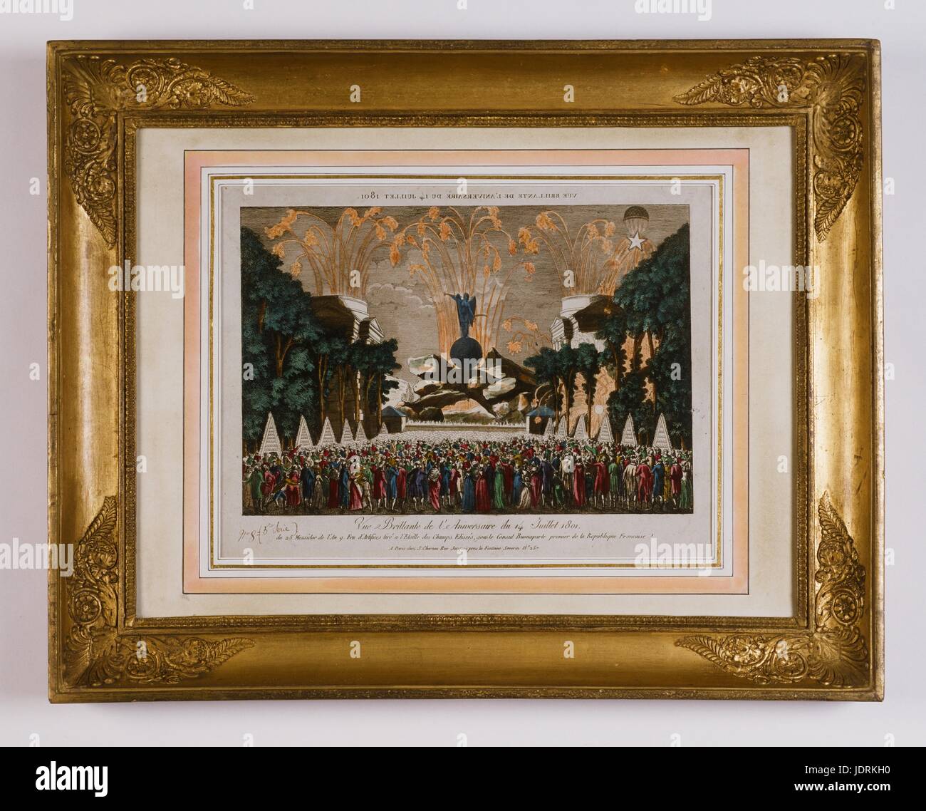 Vivid view of 14th July celebration 1801 (25 Messidor of year IX according to Republican calendar)  Coloured etching with frame (53.5 x 69 cm)  Muller-Quênot Collection Friework display at l'Etoile, Champs Elysées organised by the diplomat Bonaparte, first display in the French Republic.  Paris, J. Chereau Rue Jacques near the Séverin Fountain n° 257.  Since the second half of the Directoire's rule,  balloons were used to bring a touch of grandeur to public celebrations. They were often organised by Garnerin who made numerous ascents. Within the consulate he became a somewhat offical aeronaut  Stock Photo
