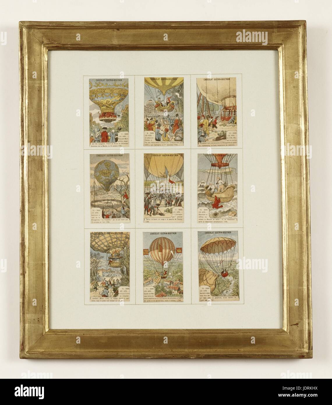 Advertising labels for Guérin-Boutron chocolates, marking the first aerostatic experiments   Framed collection of chromo prints (51 x 48 cm)  Muller-Quênot Collection Stock Photo