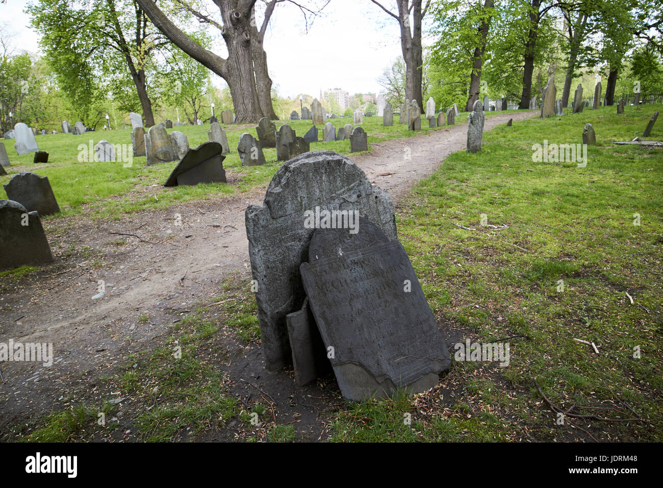 old slate headstones in central burying ground cemetery Boston USA Stock Photo