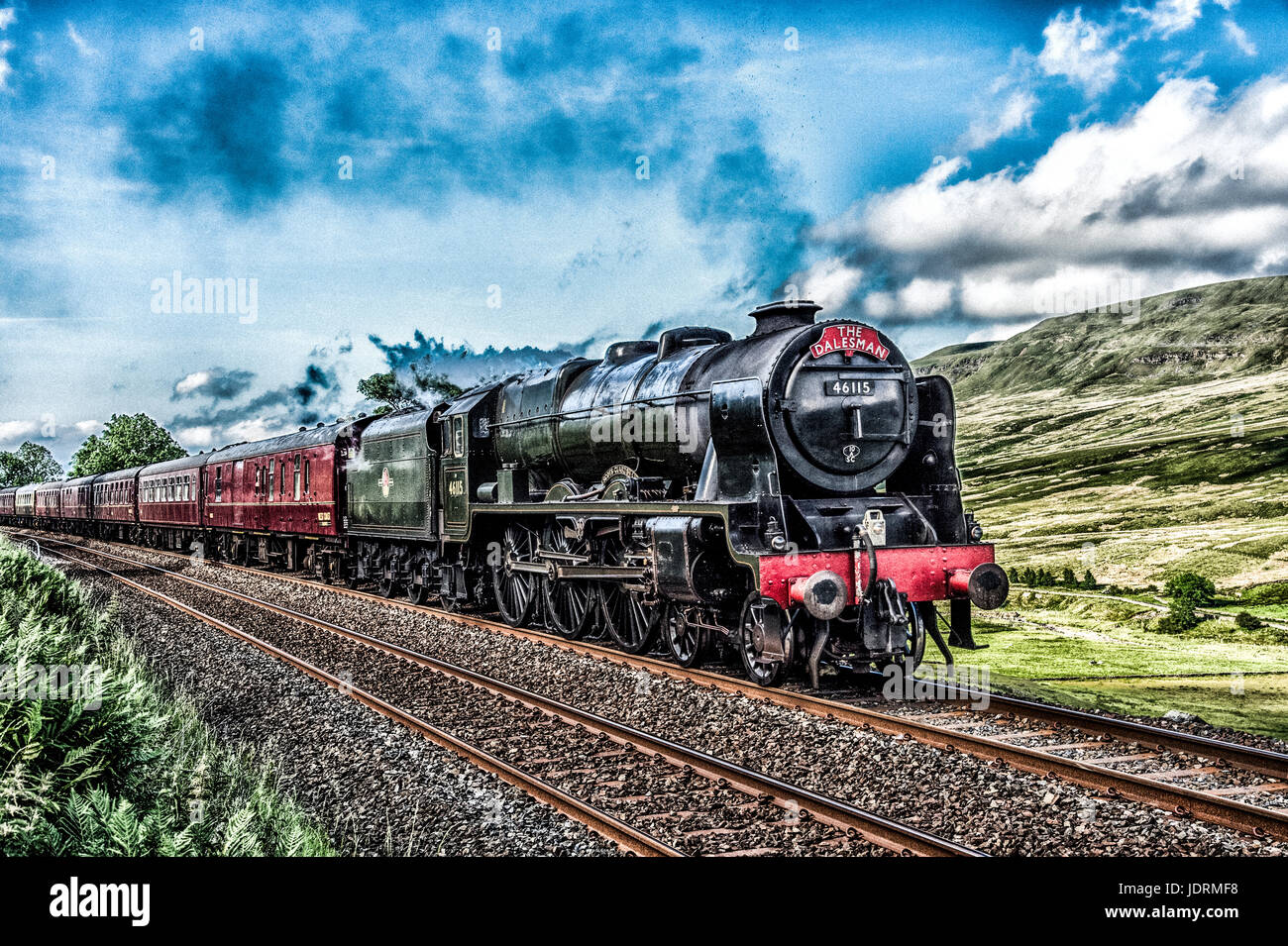 The Dalesman steam on the Settle to Carlisle railway seen here with the Scots Guardsman passing through  Aisgill in the Yorkshire Dales Stock Photo