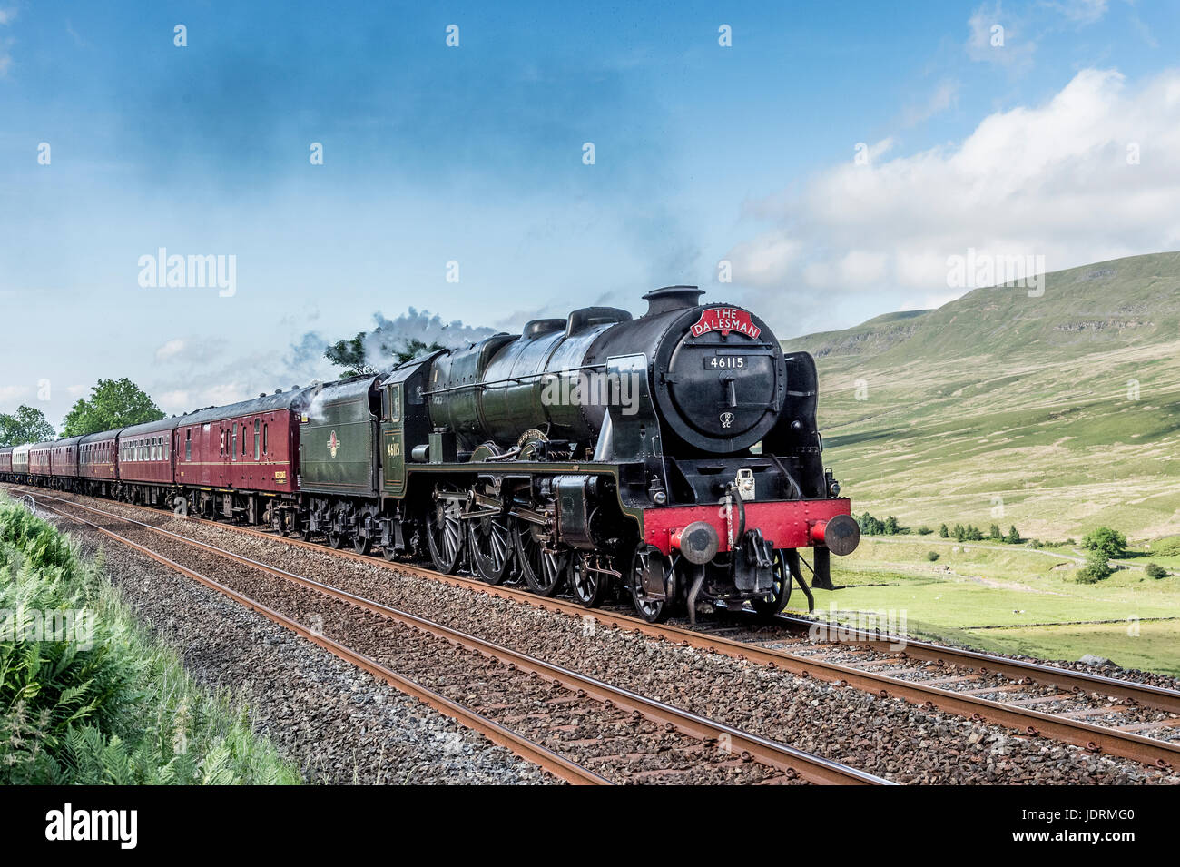 The Dalesman steam on the Settle to Carlisle railway seen here with the Scots Guardsman passing through  Aisgill in the Yorkshire Dales Stock Photo