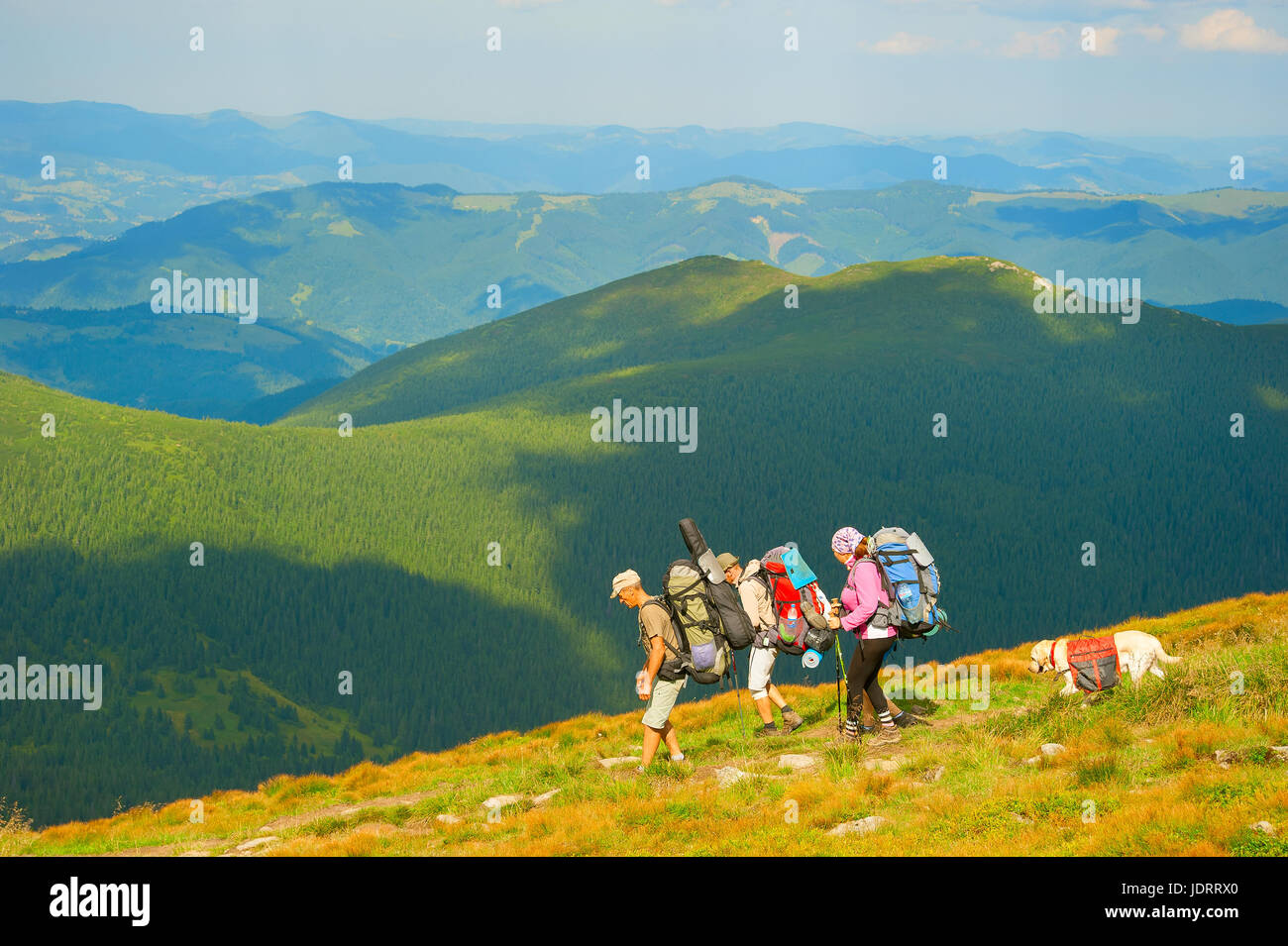 CARPATHIANS MOUNTAINS, UKRAINE - AUG 04, 2016: Group of hikers with a dog on top of mountains. Ukraine used to attract more than 20 million tourist ev Stock Photo