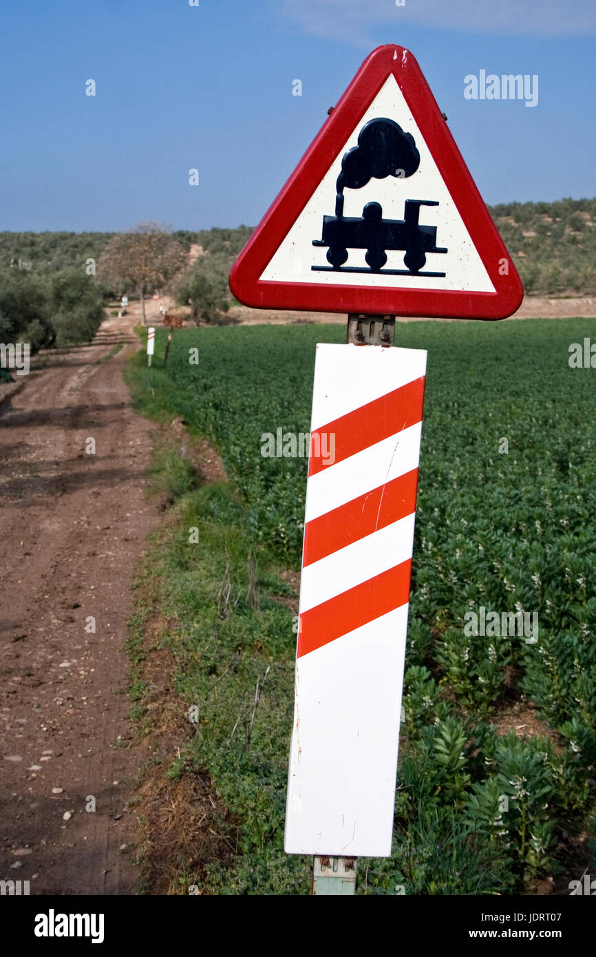 Old signs of level crossing without barriers, Spain Stock Photo