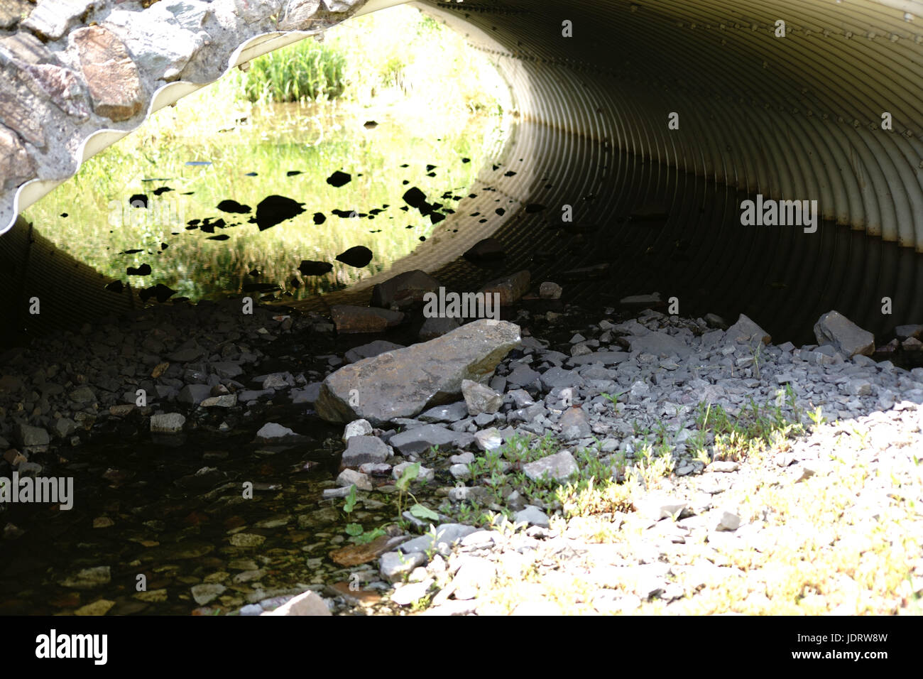The top view and closeup on the stones of a rubbish bed of a pond