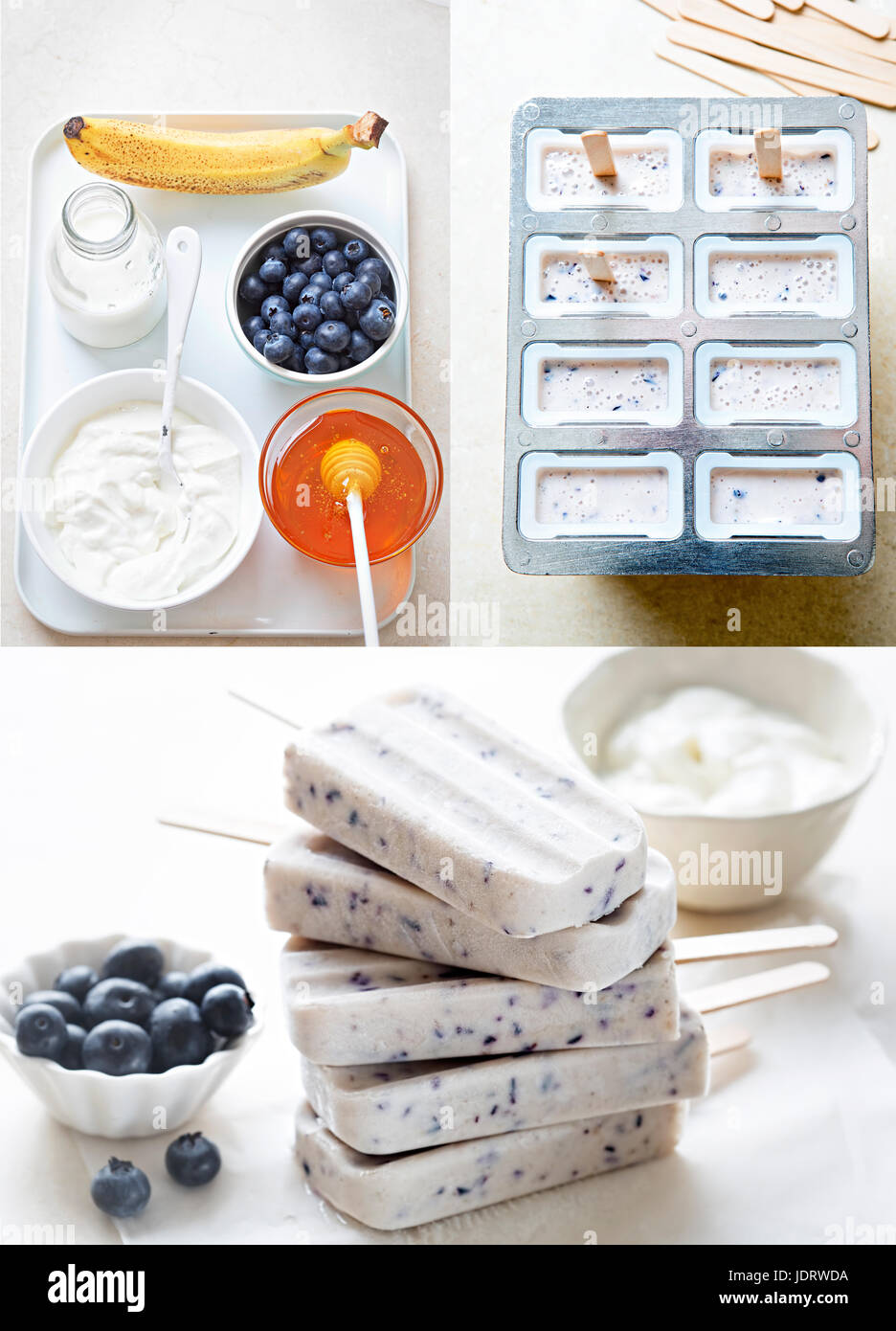 Blueberry honey yoghurt ice cream popsicles step by step Stock Photo