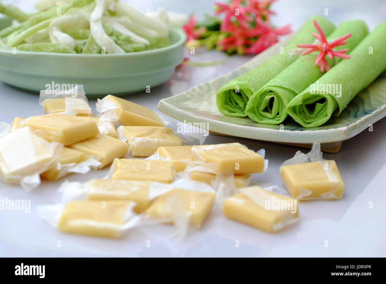 Group of product from coconut with candy, milk rice paper, coconut oil