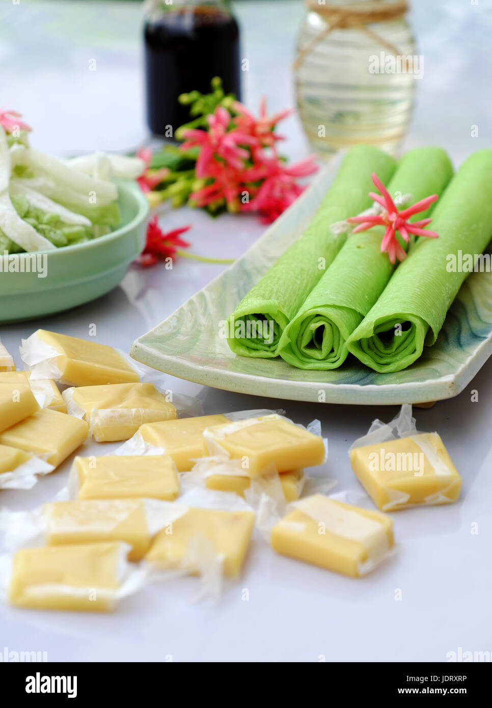 Group of product from coconut with candy, milk rice paper, coconut oil