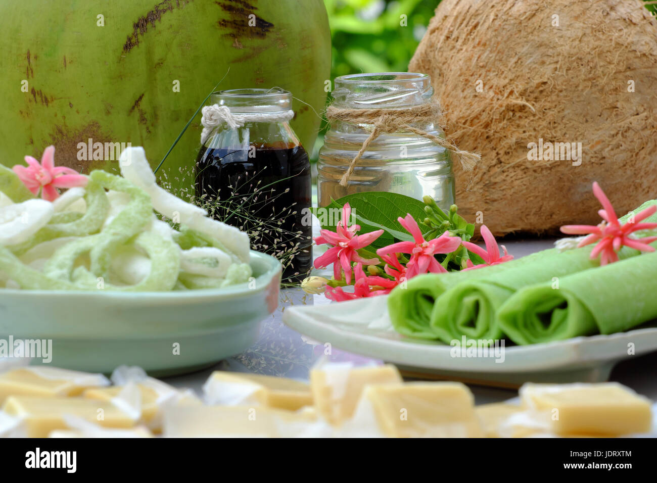 Group of product from coconut with candy, milk rice paper, coconut oil