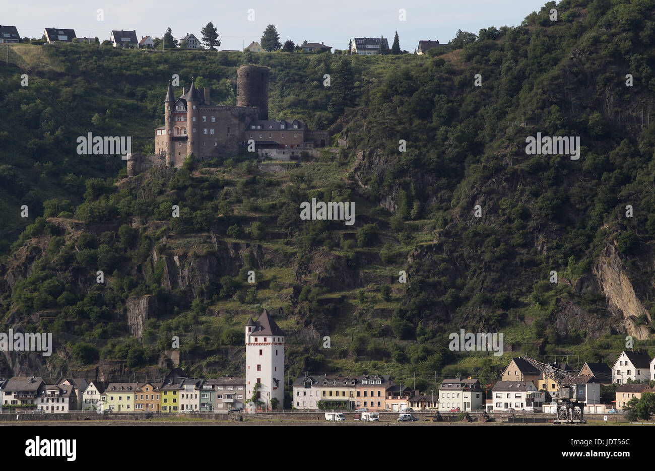 Katz Castle (German: Burg Katz) is a castle above the German town of St. Goarshausen in Rhineland-Palatinate. Cat Castle in English. Stock Photo