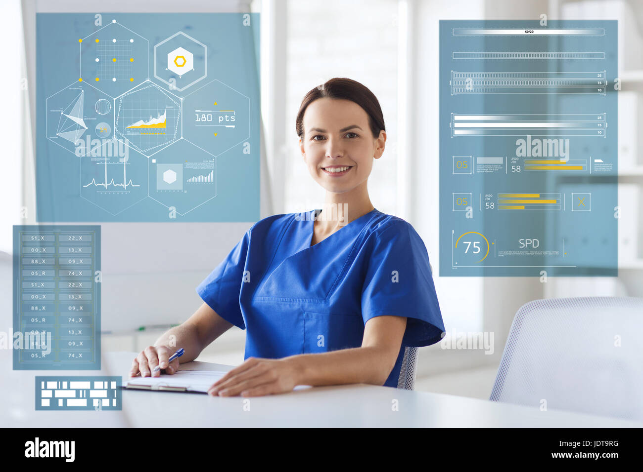 happy doctor or nurse with clipboard at hospital Stock Photo