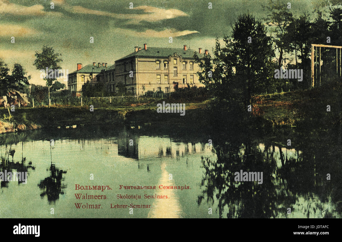 Vintage colored postcard. Wolmar, Livonia. Teacher's seminary . End 19 - beginning of the 20th century Stock Photo