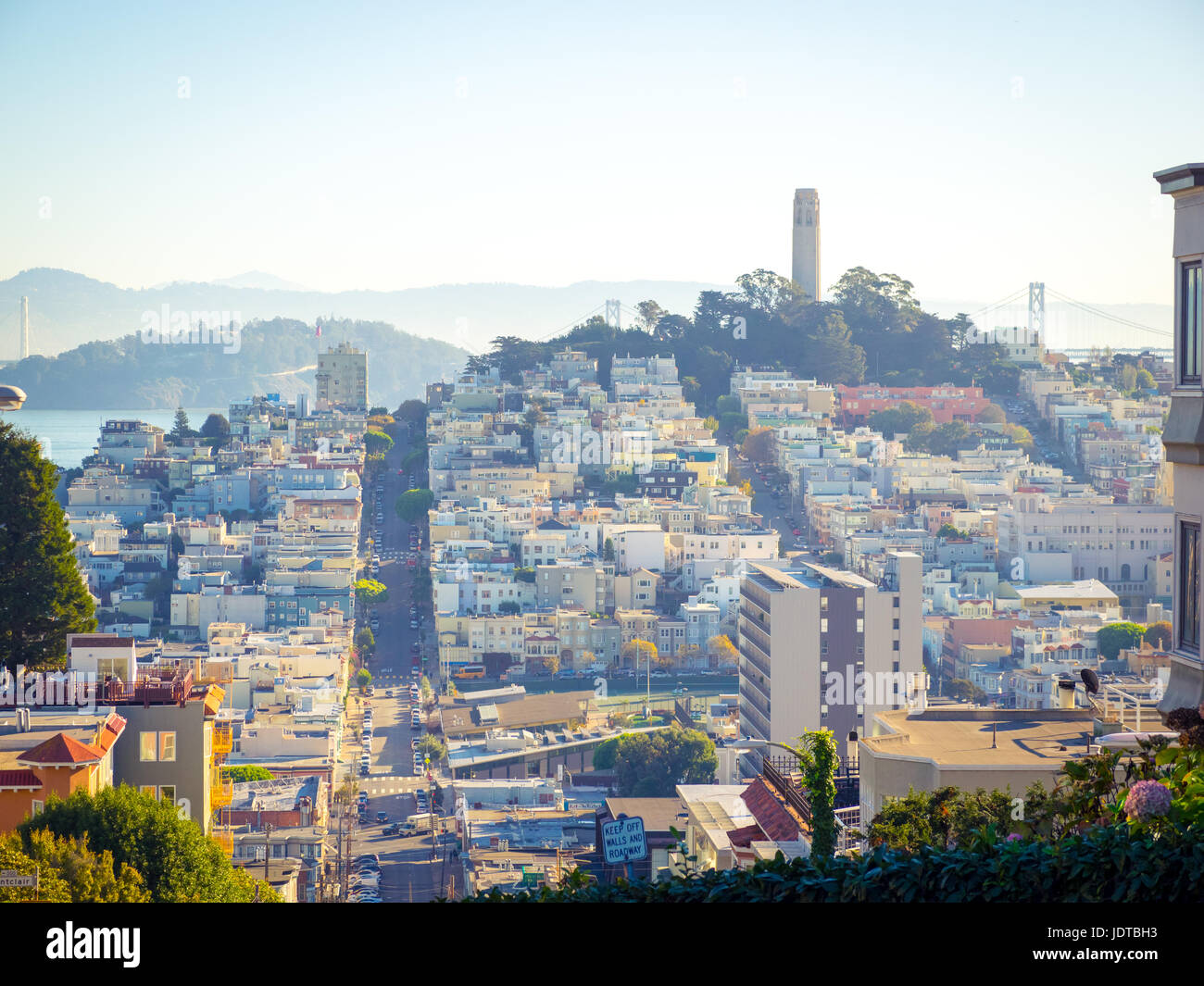 A view of the North Beach and Telegraph Hill neigborhoods, and Coit Tower and Bay Bridge, looking east from Russian Hill in San Francisco, California. Stock Photo