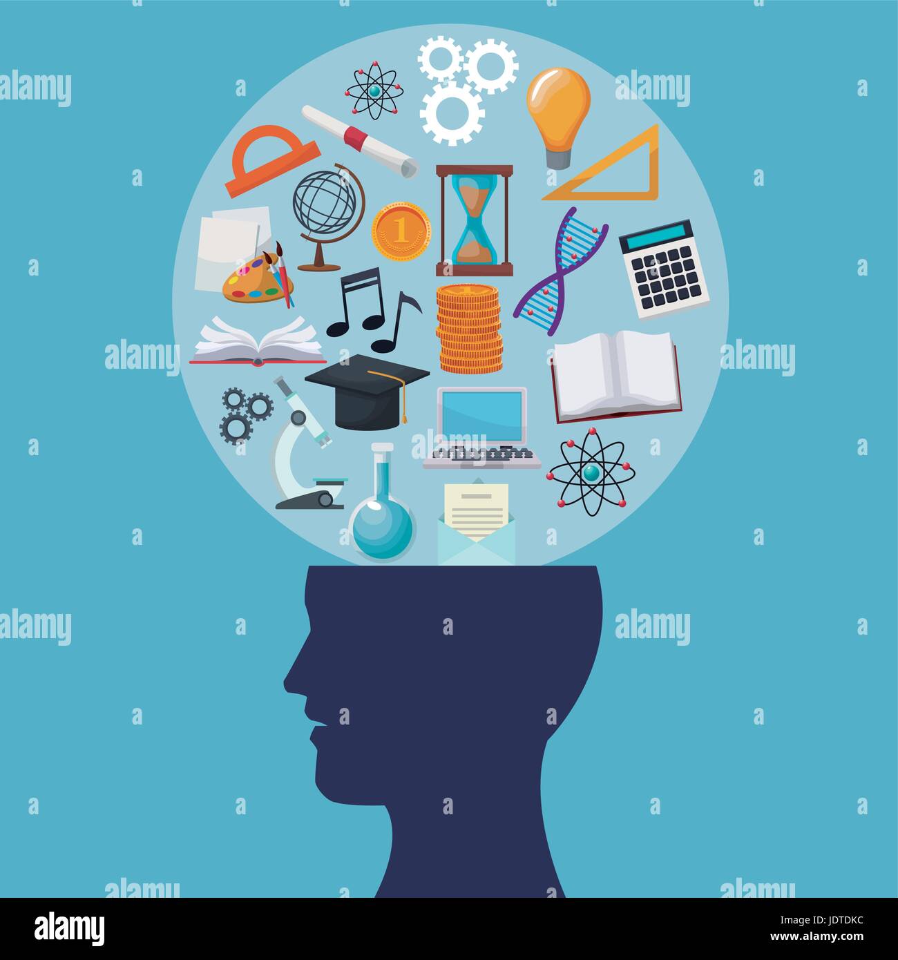 color background human head circular bubble with icons knowledge Stock