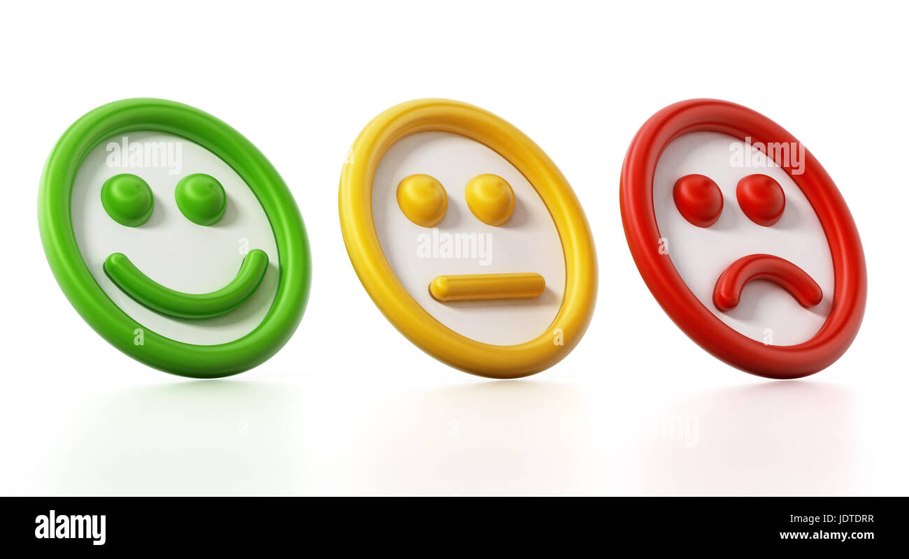 Green, yellow and red faces showing satisfaction levels. 3D illustration. Stock Photo