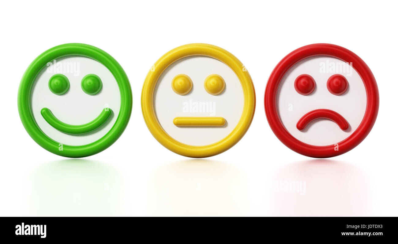 Green, yellow and red faces showing satisfaction levels. 3D illustration. Stock Photo