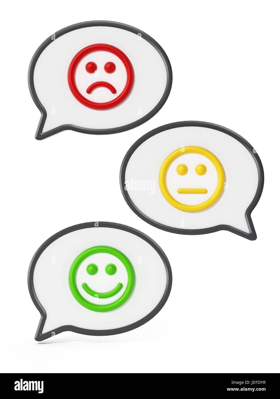 Green, yellow and red faces inside speech balloons showing satisfaction levels. 3D illustration. Stock Photo