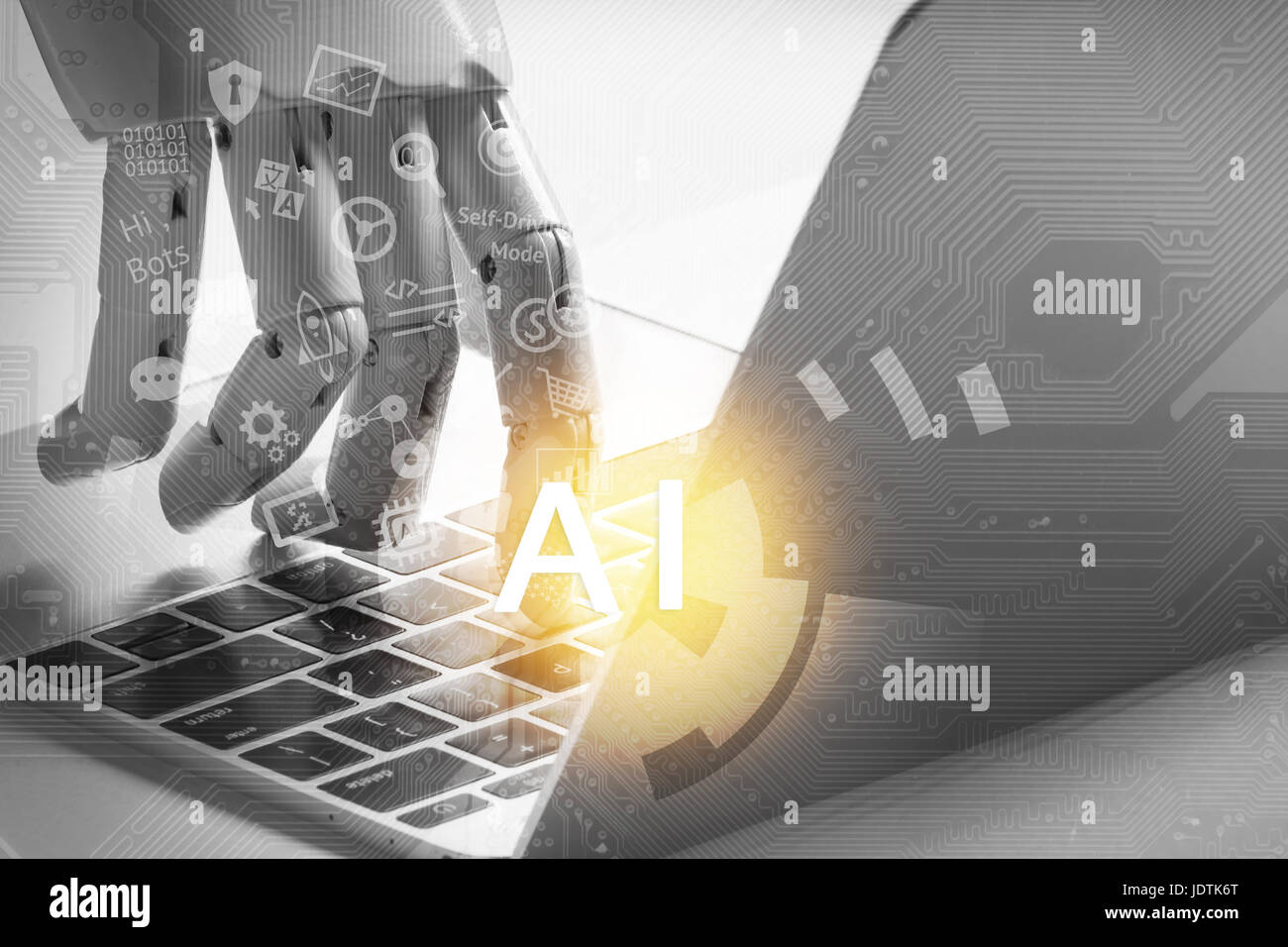 Artificial intelligence , robo advisor , chatbot , robotic concept. Robot finger point to laptop button and icon infographic with flare light effect. Stock Photo