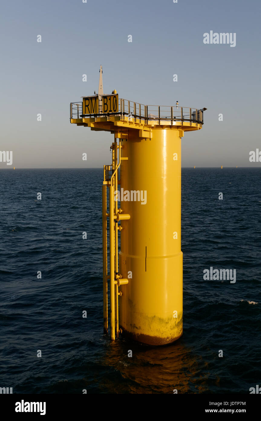 A monopile foundation for a wind turbine at the Rampion offshore Windfarm England. Stock Photo
