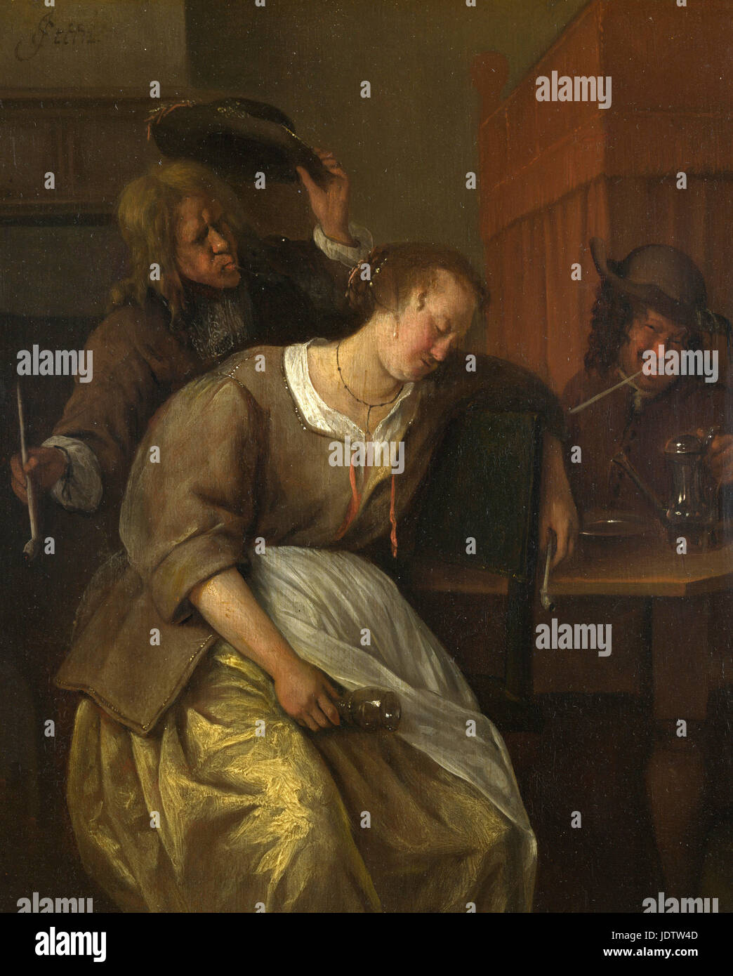 Jan Steen -  A Man Blowing Smoke at  Drunken Woman   1660 Stock Photo