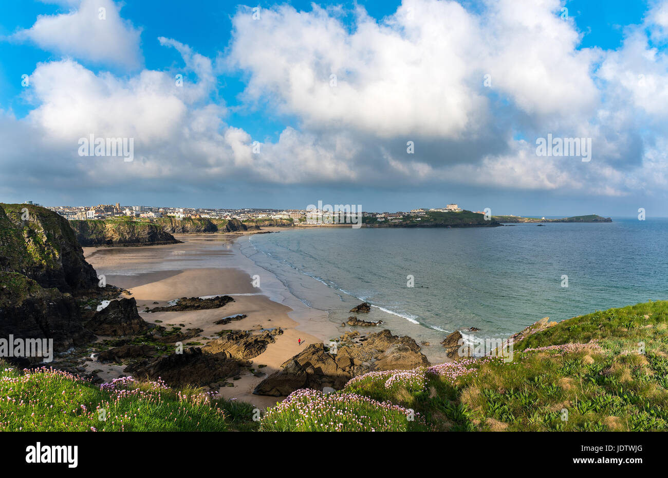 Newquay, Cornwall. Showing Tolcarne, Great Western and Towan Beaches to Towan Head in the distance. Stock Photo