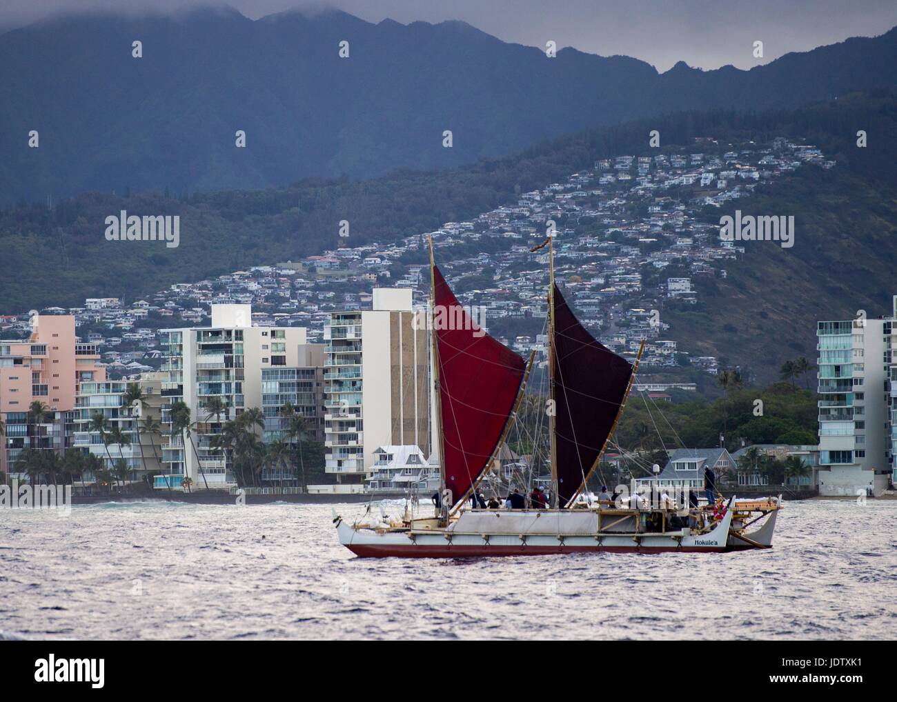 The Polynesian doublehulled voyaging canoe, Hokuleʻa, returns to