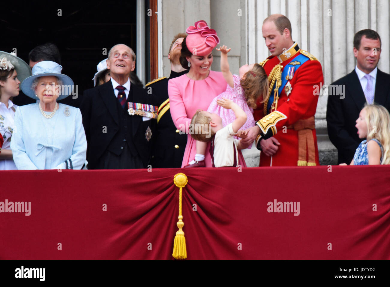 Royal Family on the balcony for the Queens Birthday Flypast after Trooping the Colour 2017 in The Mall, London. Generations of Royalty. Prince Philip Stock Photo