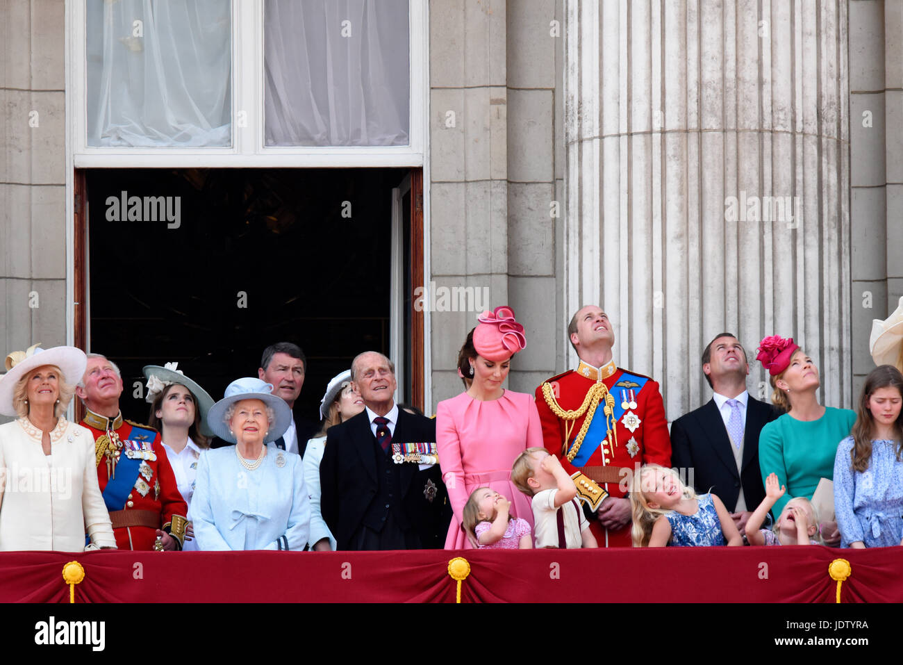 Royal Family on the balcony for the Queens Birthday Flypast after Trooping the Colour 2017 in The Mall, London, UK. Queen, Prince Philip & children Stock Photo