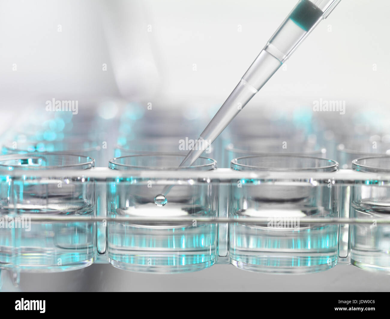 Pipette dropping liquid in clear jars Stock Photo